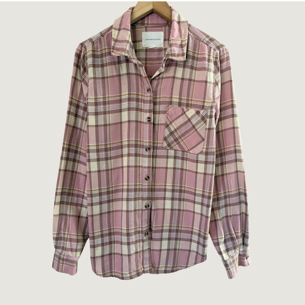 Aeropostale Womens Pink Plaid Button Down Flannel Shirt Long Sleeve Large